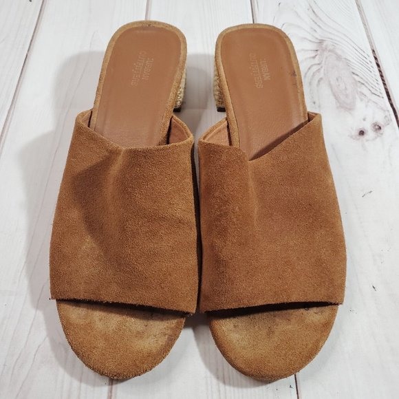 Urban Outfitters Sandals 8 Shoes Womens Jute Heels Open Toe Brown Suede - Picture 2 of 10